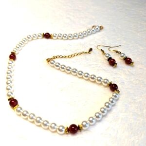 Vintage Faux Pearl with Carnelian Accent Beads Necklace & Matching Earrings
